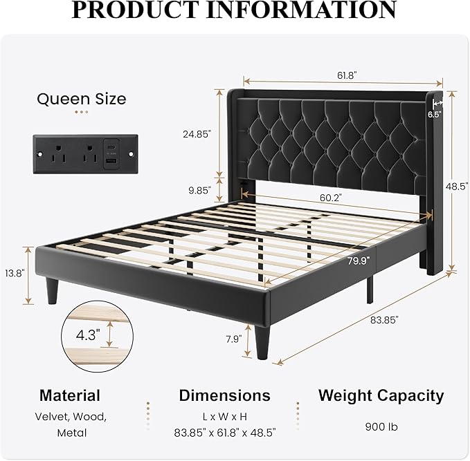 SHA CERLIN Queen Size Platform Bed Frame with Charging Station, Velvet Wingback Headboard with Storage Shelf, Wooden Slats Support, Ample Under-Bed Space, No Box Spring Needed, Easy Assembly, Black