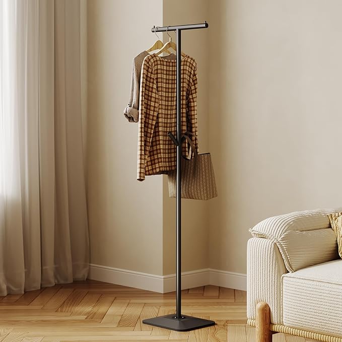 Modern Coat Rack Freestanding,Metal Standing Coat Rack Coat Tree with a geometric cast iron base and hooks,T Shaped Coat Hanger Stand for Coats, Hats, Bags, Purses, for Entryway, Hallway