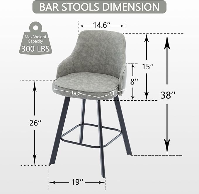 Bar Stools Set of 4, 26" Swivel Counter Height Bar stools with High Back, Faux Leather Kitchen Barstools Counter Height for Kitchen Island (Light Grey, 4PCS 26" Counter Stools)