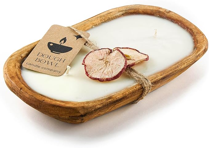 Dough Bowl Candle Co. Hot Apple Pie Soy Candle - 3 Wick Rustic Farmhouse Coffee Table Decor, Odor Eliminator in Wooden Bowls, 20 Ounce Wooden Dough Bowl Candle, All-Natural Gifts for Women and Men