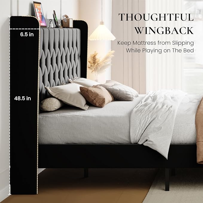 SHA CERLIN King Size Platform Bed Frame with Charging Station, Velvet Wingback Headboard with Storage Shelf, Wooden Slats Support, Ample Under-Bed Space, No Box Spring Needed, Easy Assembly, Black