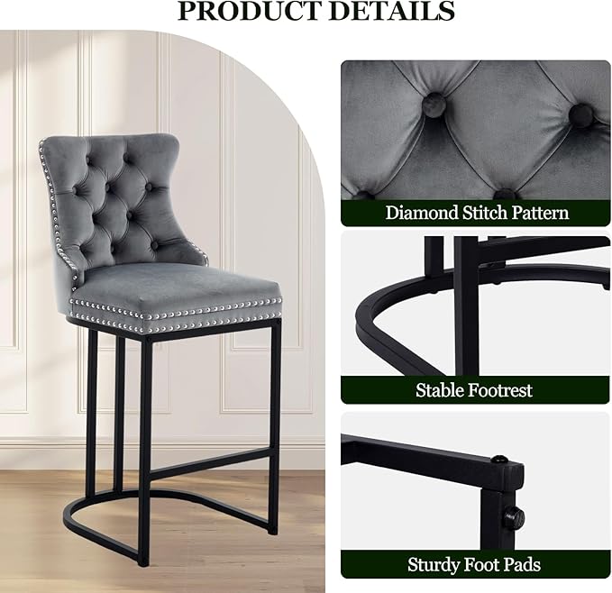 UVV Counter Height Bar Stools Set of 4, 26" Modern Barstools with Back, Velvet Upholstery Counter Chairs with Metal Legs for Kitchen Island, Bar, Counter, Gray