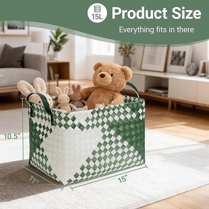 15L Laundry Baskets Waterproof Storage Baskets For Shelves Large Laundry Hamper With Leather Handle -set of 6 Cube Organizers Woven Bins for Bathroom,Bedroom,Pantry,Clothes,Car & Towels-Green