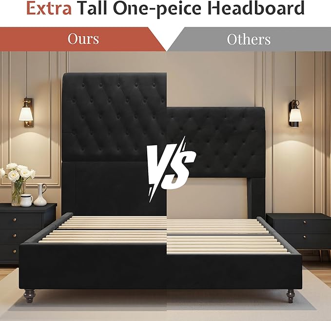 Jocisland Queen Bed Frame with 53" Tall Headboard, Velvet Upholstered Platform Sleigh Bed with Button Tufted, Solid Wood Legs, No Box Spring Needed, Easy Assembly, Black