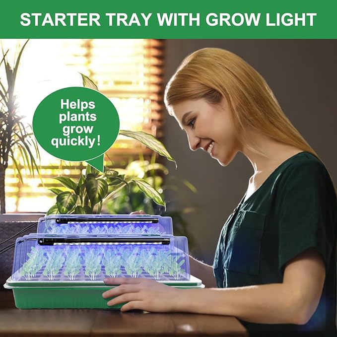 Seed Starter Tray with Timed Grow Light, 2 Pack 80 Cells Plant Starter Tray Seedling Starter Kit with Humidity Domes Base Indoor Mini Greenhouse Plant Germination Trays for Seeds Growing Starting