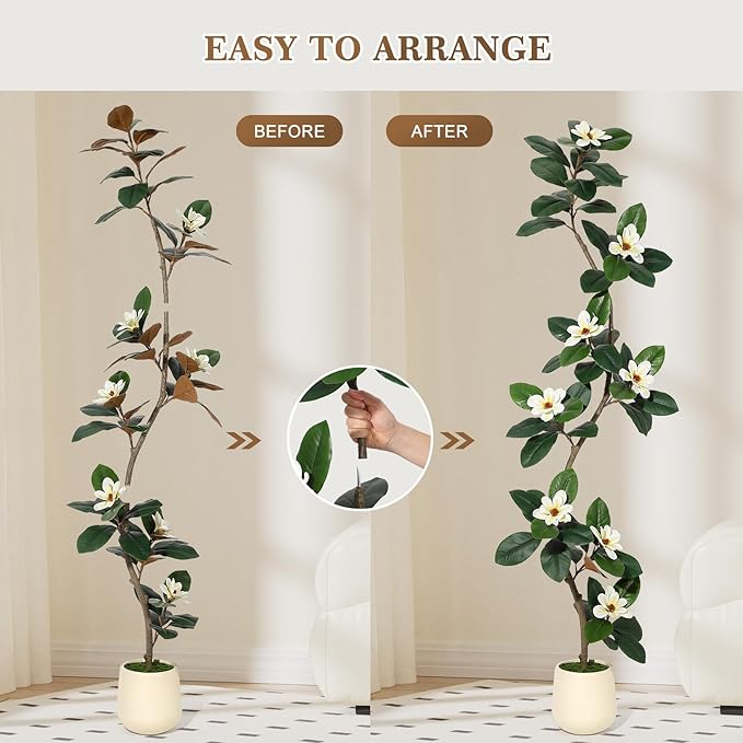 Rubber Tree 7 ft Artificial Tree in White Planter Pot, Faux Plants Indoor Faux Floor Plant Artificial Plants with 8 Pcs Magnolia Flowers for Home Decor, Artificial Fiddle Leaf Fig Tree for Office