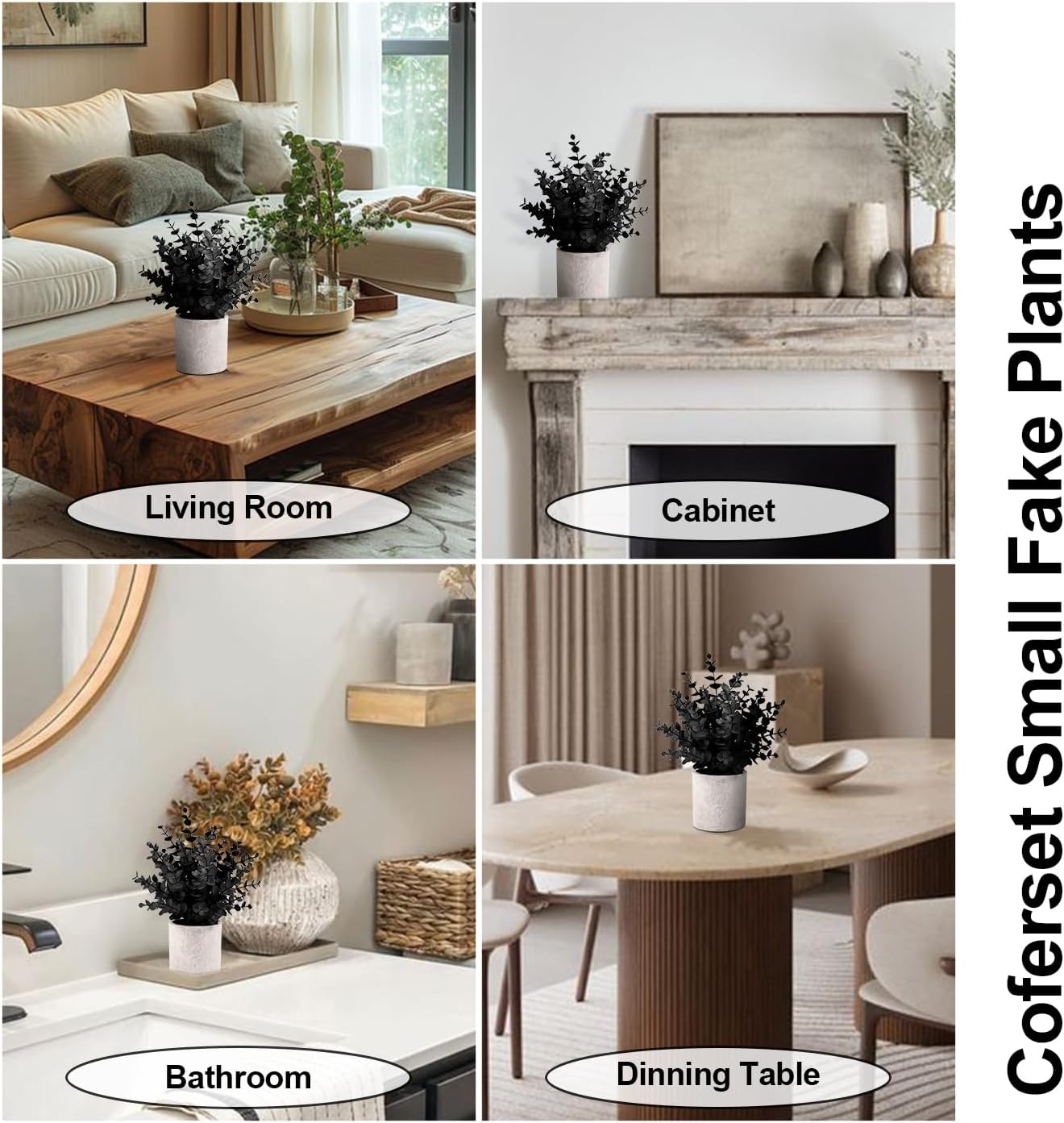 2 Pack Black Fake Eucalyptus Small Fake Plants Potted Artificial Plants for Halloween Decorations Shelf Desk Home Farmhouse Room Coffee Table Bathroom Decor(Black)