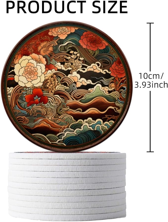 Trillionn 12 Pack Felt Cup Coasters for Drink, Absorbent Coasters for Coffee, Japonisme Pattern Design