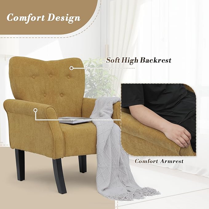 Athena Collection Mid Century Modern Chair for Living Room, Upholstered Wingback Reading Chair for Adults, Comfy Linen Fabric Armchair with Wooden Legs for Bedroom, Dorm, Balcony, Yellow