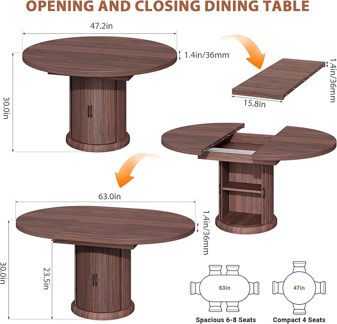 Extendable Round Kitchen Dining Room Table for 4-6 with 2-Tier Storage Shelf, 63'' Space Saving Expandable Wood Oval Circle Dinner Furniture with Pedestal Base (Brown)