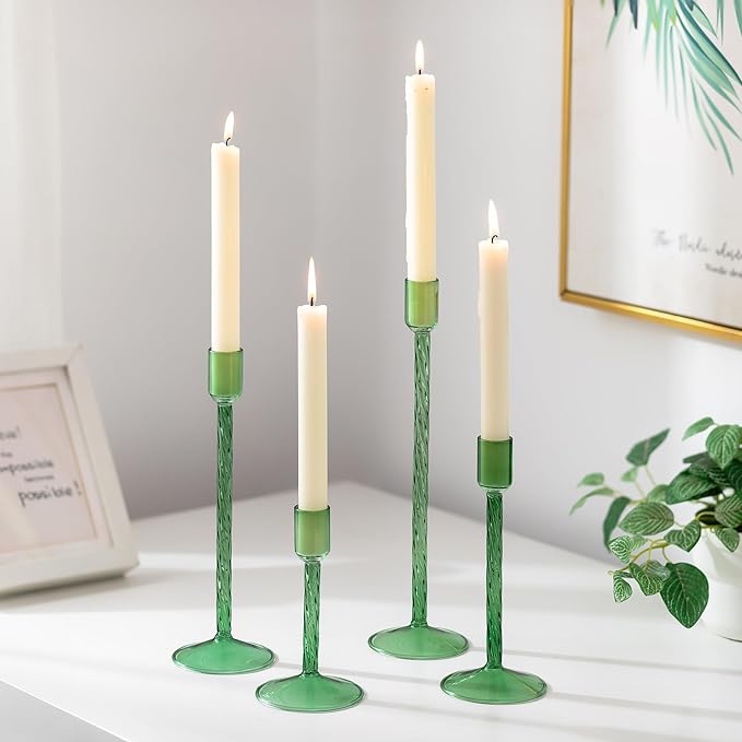 Glasseam Green Glass Candlestick Holder: Tall Candle Stick Holder Set of 4 Candlestick Holders for Taper Candles Modern Decorative Candle Holders for Table Centerpiece Wedding Christmas Home Decor