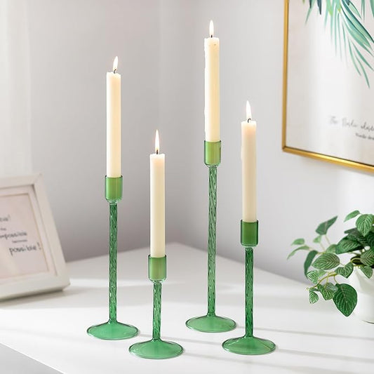 Glasseam Green Glass Candlestick Holder: Tall Candle Stick Holder Set of 4 Candlestick Holders for Taper Candles Modern Decorative Candle Holders for Table Centerpiece Wedding Christmas Home Decor