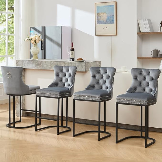 UVV Counter Height Bar Stools Set of 4, 26" Modern Barstools with Back, Velvet Upholstery Counter Chairs with Metal Legs for Kitchen Island, Bar, Counter, Gray