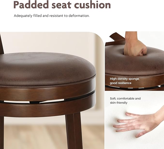 ALPHA HOME Swivel Bar Stools Set of 4, Kitchen Stools with Backs, 30 Inch Wooden Bar Stools, 360 Degrees Swivel Chair with Upholstered, Wrap-Around Footrest Counter Chair, Cappuccino