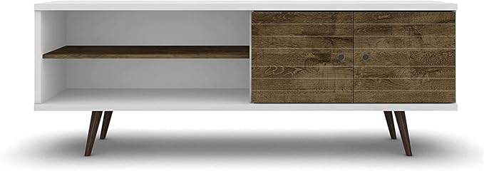 Manhattan Comfort Liberty Collection Mid Century Modern TV Stand With One Cabinet and Two Open Shelves With Splayed Legs, Wood/White, Medium, Model Number: 201AMC69