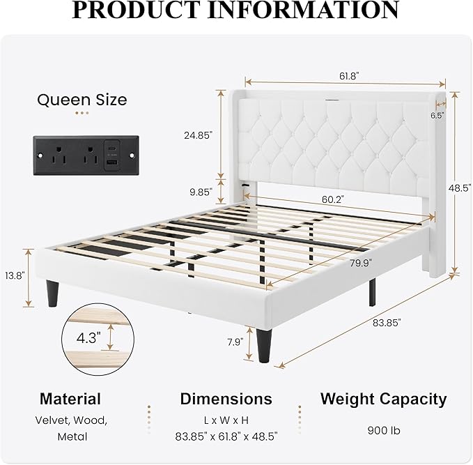 SHA CERLIN Queen Size Platform Bed Frame with Charging Station, Velvet Wingback Headboard with Storage Shelf, Wooden Slats Support, Ample Under-Bed Space, No Box Spring Needed, Easy Assembly, White