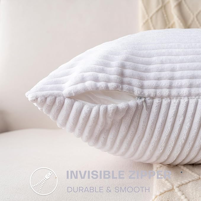 Decorative Throw Pillow Covers 18x18 Inch Set of 2 for Boho Living Room Farmhouse Home Decor, Spring Pillow Covers for Couch Bed, Soft Corduroy Striped Patchwork Cushion Cases, Pure White