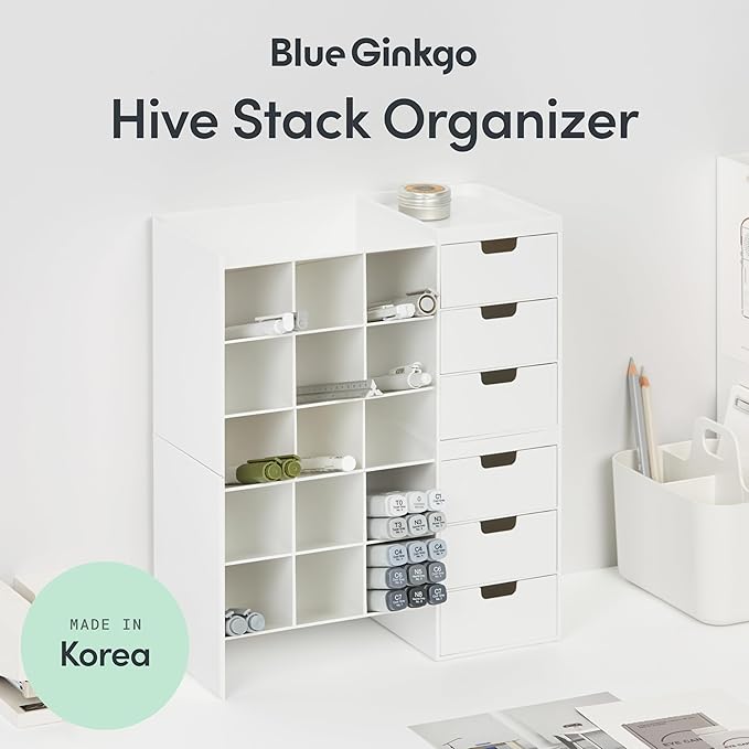 BLUE GINKGO Hive Stack Desk Organizer – Stackable Pen Holder, Stationary Organizer with Drawers - Office Storage, School Supplies, Makeup (Made in Korea, White)