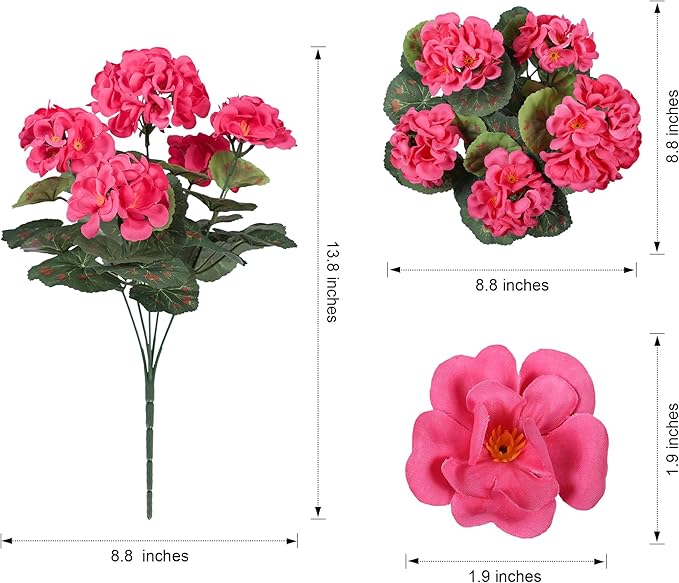 Artificial Geranium Fake Flowers for Outdoors Decoration, 6 Bundles Silk Geraniums Flower UV Resistant Look Real Faux Plants for Outside Planter Front Door Garden Patio Balcony Yard Home, Hot Pink