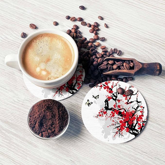 Cherry Branch Drink Coasters Modern Foliage Butterfly China Classic Blossoming Oriental Ink Culture Housewarming Presentss for New Home Present for Friends,2 Pcs,4 X 4 X 0.35 Inches