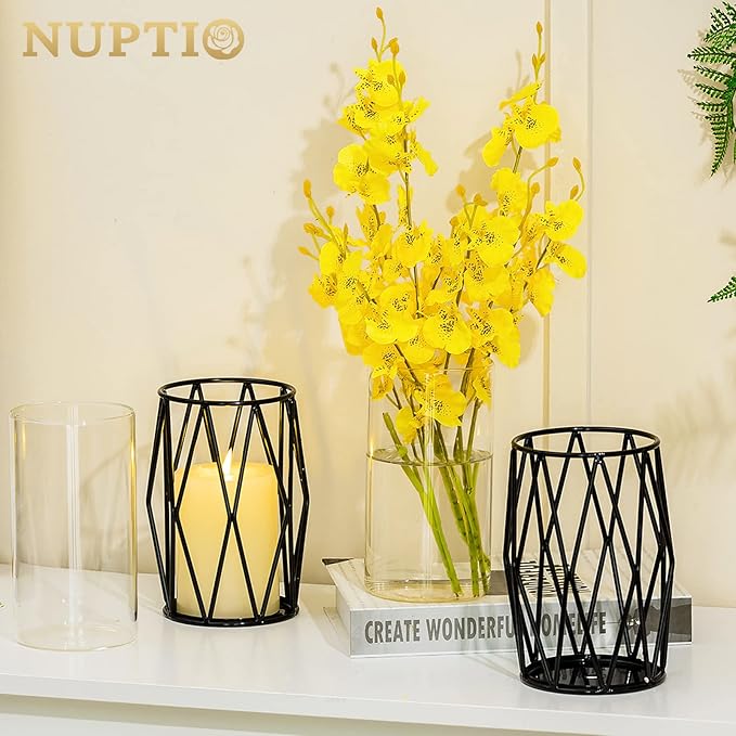 Nuptio Black Pillar Candle Holders - Glass Candles Holder with Geometric Metal Rack Stand for Wedding Birthday Party Centerpieces - Flower Vase Small Hurricane Vases for Office Living Room