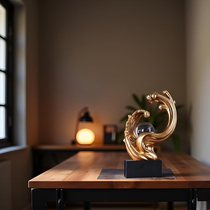Modern Abstract Decorative Wave Statue, Gold Abstract Art Home Decor,Crystal Ball Art Wave Resin Sculpture, Office Desk Stand, Dining Table Center Decorative Aesthetics (Gold)