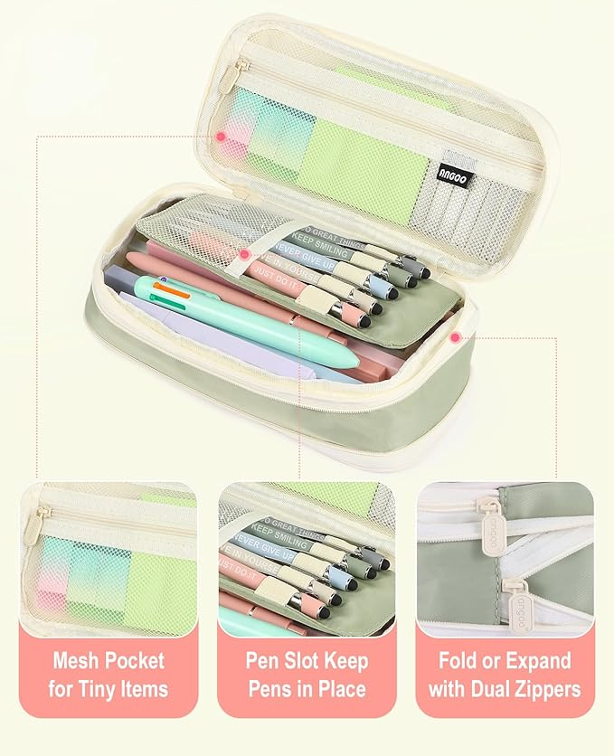 56 PCS Aesthetic School Supplies with Large Pencil Case, 5 Inspirational Ballpoint Pens, 12 Pastel Highlighters, 5 Black Ink Gel Pens, 6 Mechanical Pencils 0.5-0.7mm Student Essentials (Green)