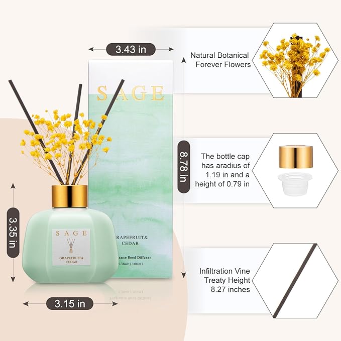 SAGE Hotel Reed Diffuser - Inspired by Marriott Room Scent | 3.4oz Grapefruit Cedar Scent Diffusers for Home | Preserved Real Flower & Oil Diffuser Sticks | Nightstand or Bathroom Decor for Shelves