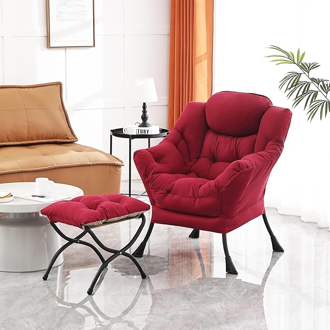 Lazy Chair and Ottoman, Large Accent Lounge Chair with Armrests and a Side Pocket, Modern Leisure Upholstered Sofa Reading Armchair with Footrest for Bedroom, Living Room, Dorm Rooms, Office