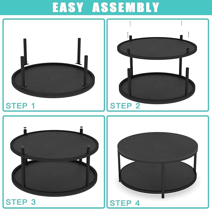 NSdirect Round Coffee Table, 36" Rustic Wooden Surface Top & Sturdy Metal Legs Industrial Sofa Table for Living Room Modern Design Home Furniture with Storage Open Shelf (Black Oak)