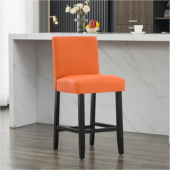 26'' Faux Leather Bar Stools Set of 2, Modern Upholstered Bar Chairs with Back, Soild Wood Legs Barstools for Kitchen Island, Orange