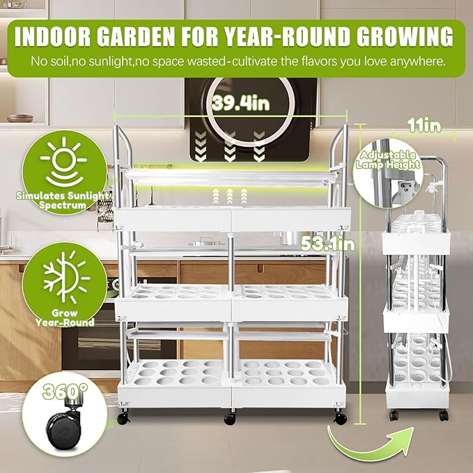 Large 3-Tier Indoor Hydroponics System Kit with Grow Lights, Double Water Pump Indoor Garden, and 72 Large Pods for Vegetables Herbs Microgreens
