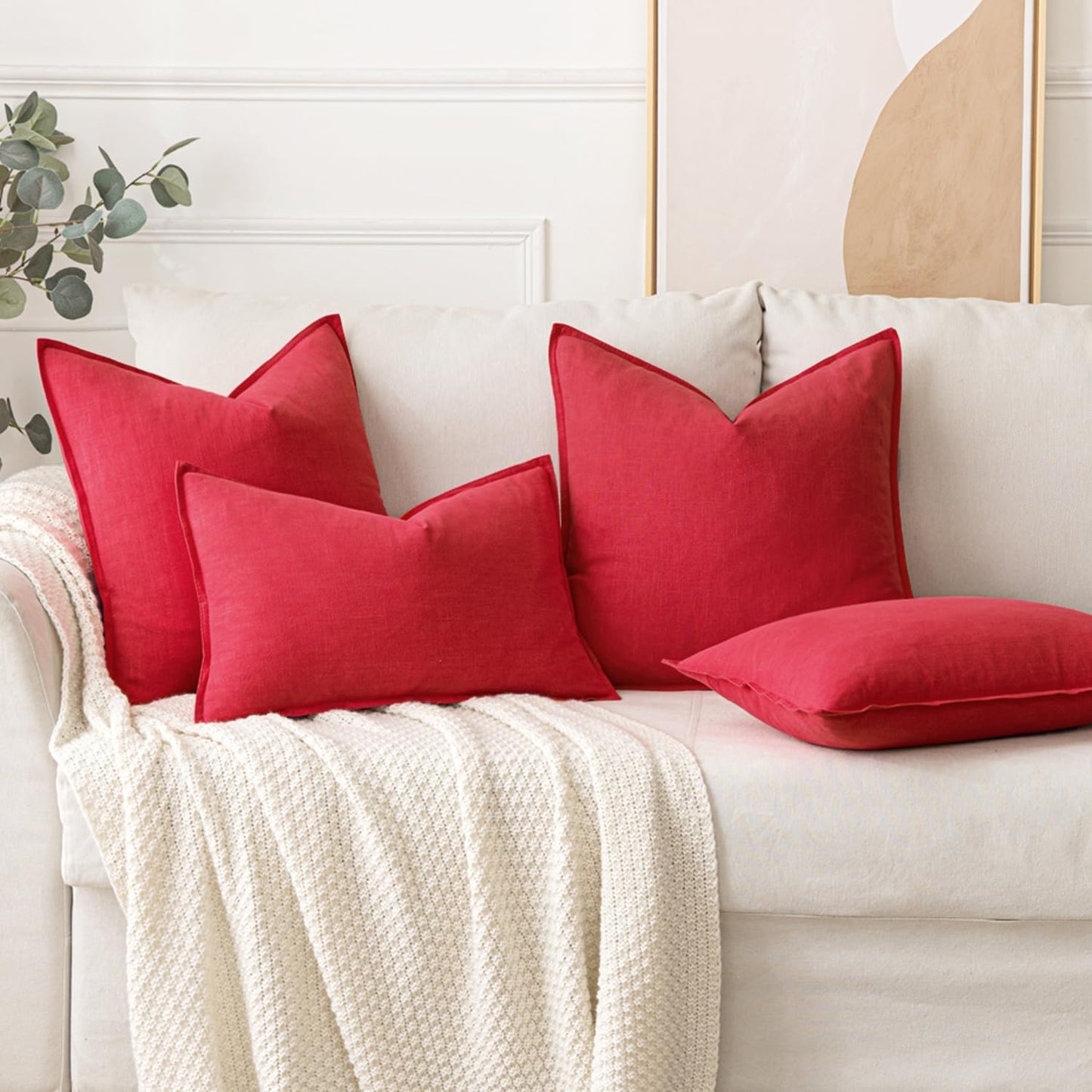 MIULEE Decorative Linen Euro Sham Pillow Covers 26x26 Red Boho Farmhouse Neutral Couch Throw Pillows for Bed Pack of 2 Accent Modern Pillowcase Sofa Livingroom Home Decor