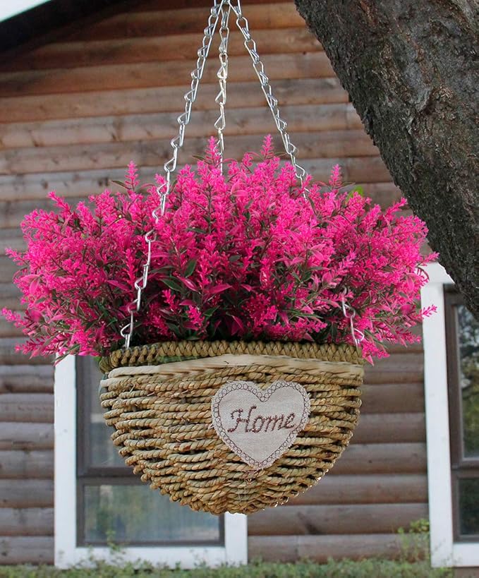 RECUTMS 8 Bundles Artificial Flowers Fake Outdoor Plants Faux Lavender Flower Plastic Shrubs Faux Flowers Fake Ferns Winter Artificial Fowers for Outdoors Indoor Outside Hanging Decorations (Fuchsia)