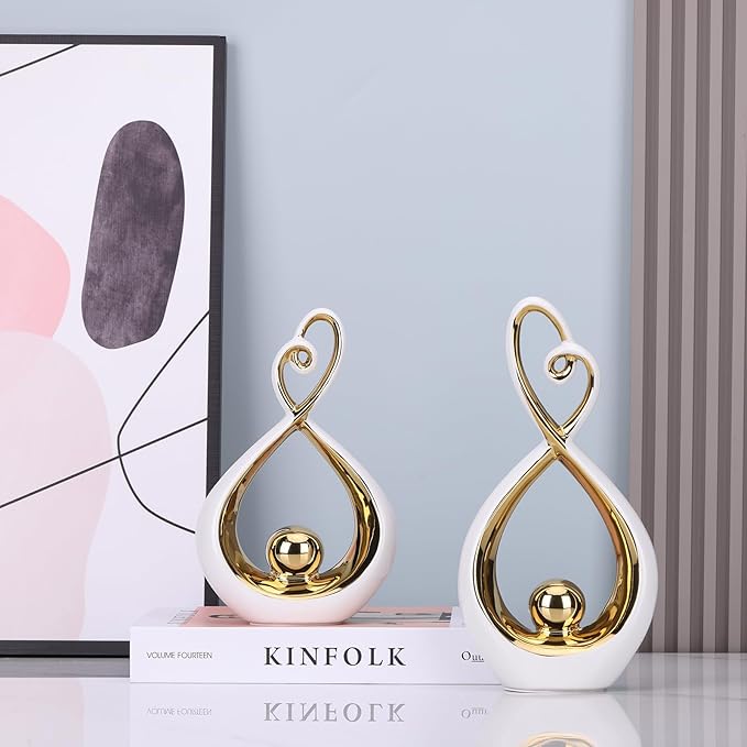 White Decor Accent, Porcelain Art Mid Century Modern White and Gold Decorations, Dining Table Objects, Abstract Ceramic Statue Sculpture - for Bookshelf Tv Stand Centerpiece Centro De Mesa