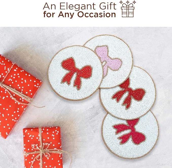 Folkulture Beaded Coasters for Drinks | Set of 4 (4") Round Decorative Bar Coasters for Table Décorations or Coffee Table | Cute Boho Coaster Gifts for her Set of 4