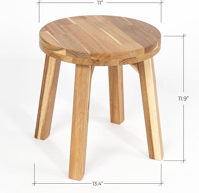 Round Stool Acacia Wood, 12" Height, 11" Round Top, Backless, Easy Assembly, Natural Wax Finish, Wooden Stool for Plant, Dining Room, Living Room, Garden, Makeup