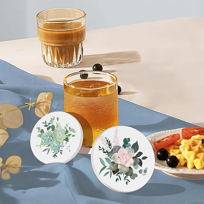 Table Coaster for Drinks Set of 6, Cactus Succulent Flower Round Ceramic Coasters,with Cork Base and Metal Holder,Great Housewarming Birthday Gifts,Home Decor