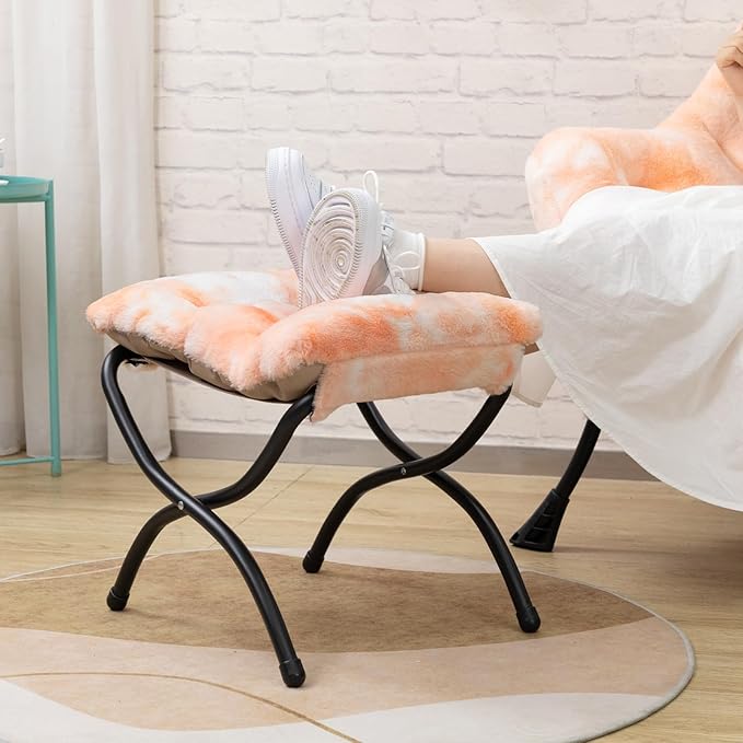 HollyHOME Faux-Fur Lazy Chair with Foldable Ottoman, Accent Comfy Lounge Arm Chair and Folding Footrest Stool Set, Leisure Sofa Reading Chair and Footstool for Living Room, Bedroom, Orange&White