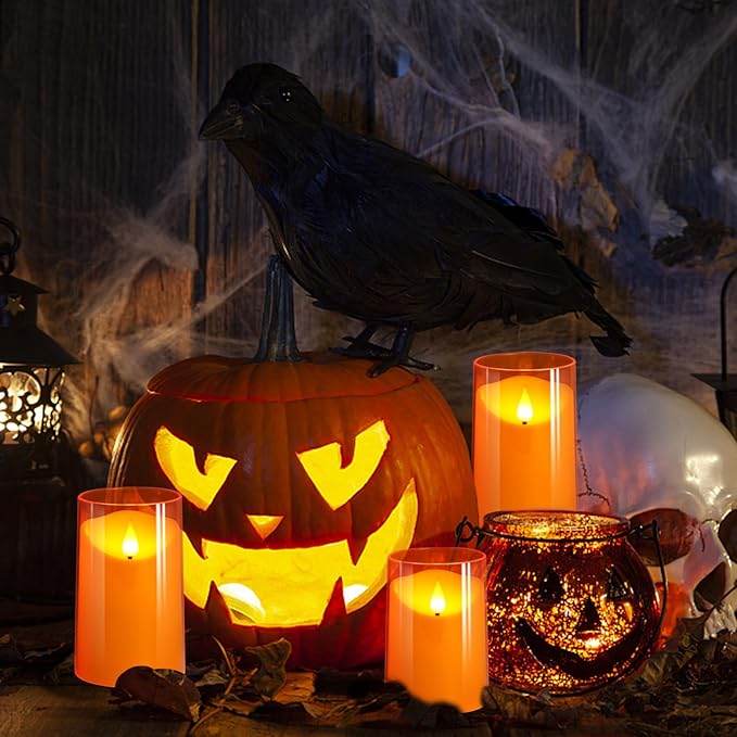 NURADA Flameless Candles with Remote Timers - 3D Wick Battery Operated LED Electric Fake Candles Realistic for for Halloween Thanksgiving Dinner Tables Wedding Party Home Fall Decor - 3 Pack Orange