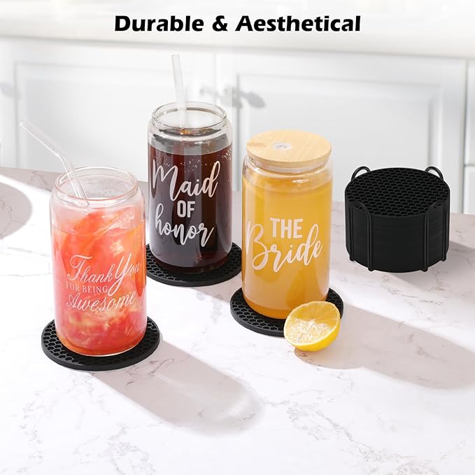 Coasters Set of 6 with Holder,Coasters for Drinks,Coffee Table Decor Coaster,Suitable for Kinds Cups,Anti-Slip,Non-Stick,Silicone Cup Coaster and Living Room Decor (6 Pcs, Black)