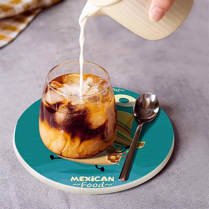 Taco Coasters for Coffee Table Cute Cartoon Mexican Food Funny Happy Hat Lovely Smile Beef Tomato Chicken Housewarming Presents for Women Men Home Decor Office Kitchen Living Room 2 Pcs