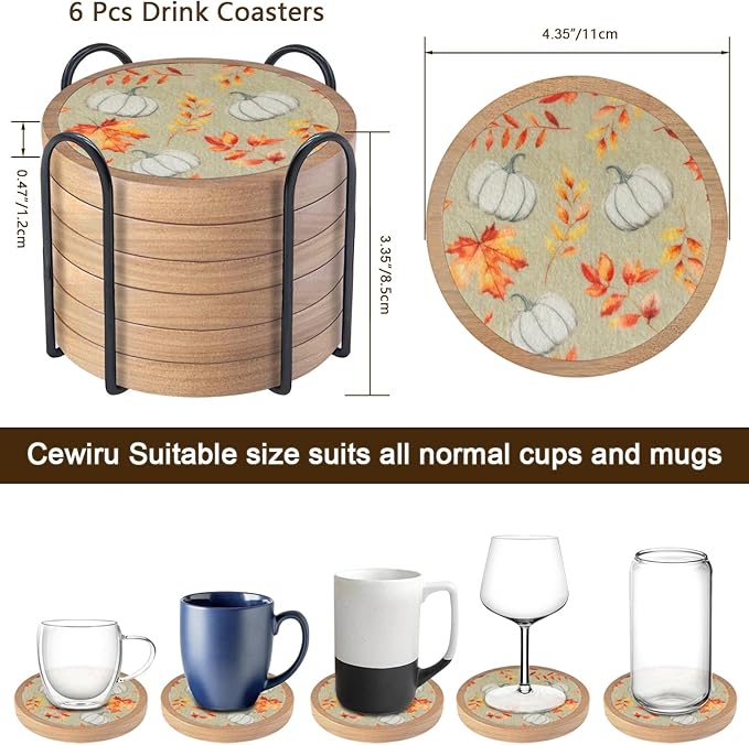 Pumpkins Coaster Set of 6 Cewiru Halloween Coasters for Drinks Absorbent Cup Mats for Table Protection Unique Fall Round Coasters for Coffee Table Kitchen Decor 4.3"