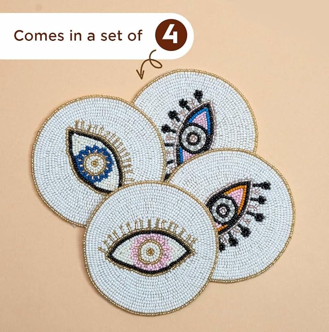Folkulture Beaded Coasters for Drinks | Set of 4 (4") Round Decorative Bar Coaster for Table Décorations or Coffee Table | Cute Boho Coasters | Set of 4 Evil Eye Decor Gifts for Her