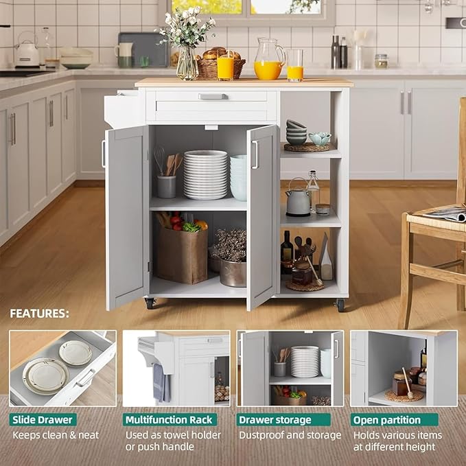 YITAHOME 37" Rolling Kitchen Island Cart with Storage, Butcher Block Island on Wheels, Mobile Kitchen Storage Carts with Shelves & Spice Rack, White
