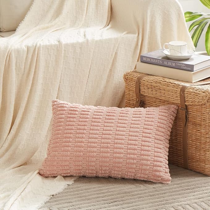 Fancy Homi Pack of 2 Blush Pink Lumbar Decorative Throw Pillow Covers 12x20 Inch for Living Room Couch Bedroom, Soft Corduroy Rectangle Solid Cushion Case 30x50 cm, Rustic Farmhouse Boho Home Decor