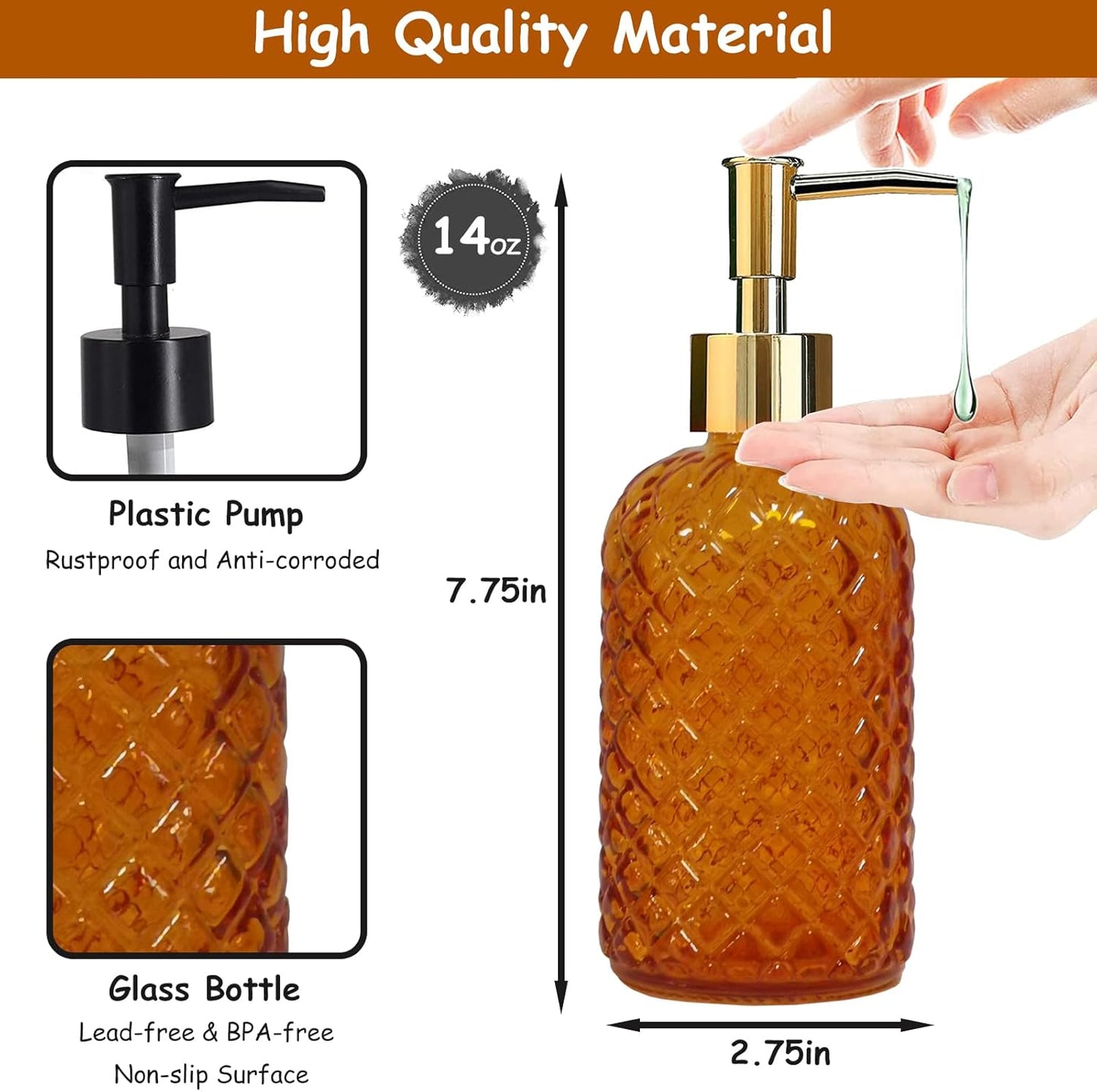 Orange Glass Soap Dispenser, 13.5oz Bathroom Hand Dispenser, Lotion Dispenser with Gold Plastic Pump for Modern Home Decor, Kitchen Countertop, Hotel(2 Pack)