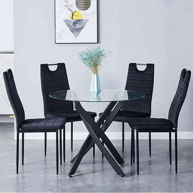 Round Tempered Glass Dining Table for 2-4 with Metal Legs, 35.5 in Modern Small Kitchen Table for Kitchen Dining Room (Black)