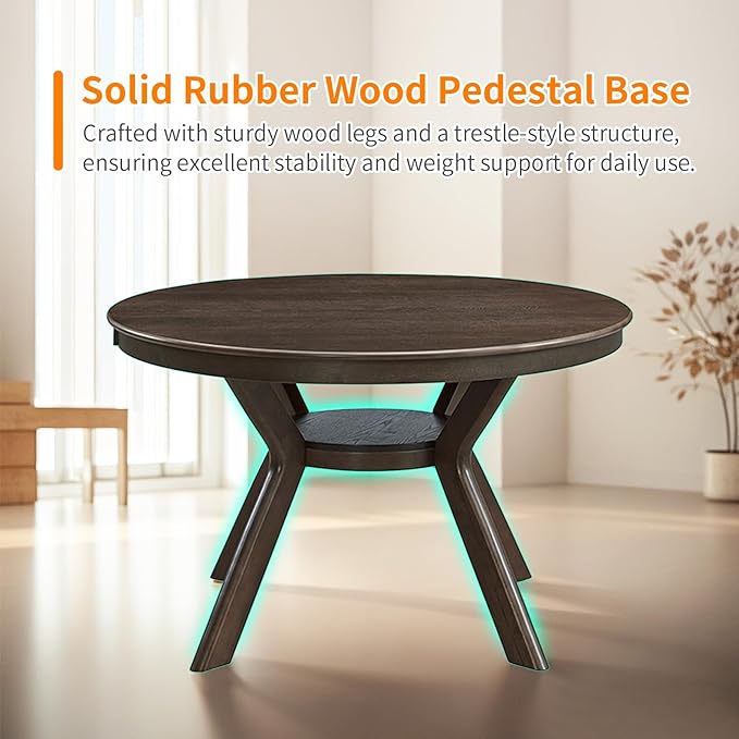 NicBex 47.24" Rubber Wood Round Dining Table for 4-6 People, Mid-Century Kitchen and Dining Table with Wooden Trestle Base, Rustic Brown Solid Wood and MDF Table for Dining Room or Living Room Brown