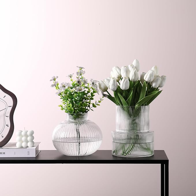 Ribbed Glass Vases, Set of 2 Fluted Vases for Flowers, Clear Glass Vase for Tulips, Modern Vase for Living Room, Kitchen, Office, Entryway, Mantle, Bookshelf, Wedding Gifts, Birthday